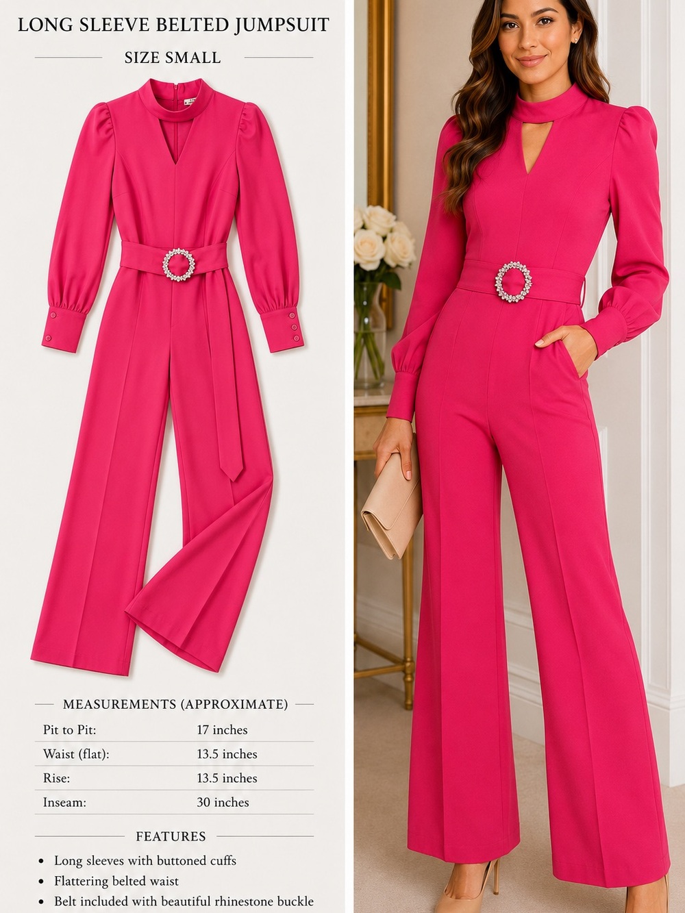 Tea n Cup Hot Pink Long Sleeve Belted Jumpsuit with Rhinestone Buckle